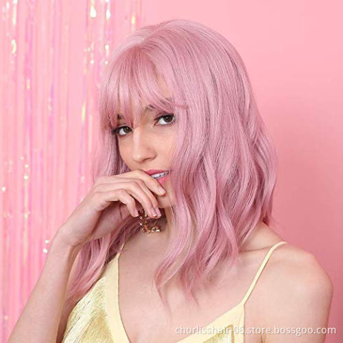 Wholesale Machine Made Water Wave Pink Wig With Bangs Cheap Cosplay Pixie Curls Short Bob Synthetic Hair Wigs With Highlights